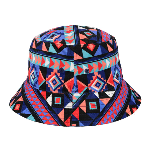 Colorful geometric patterned bucket hat on a white background