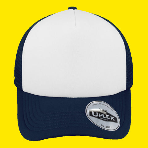 A navy and white youth curved peak trucker hat with a Uflex label on the brim.