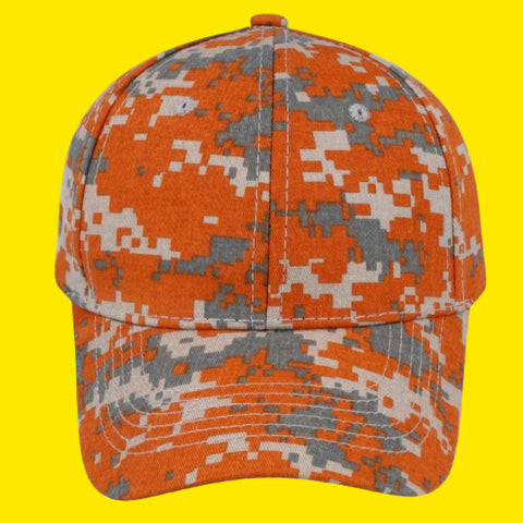 A cap with a brown and beige pixel camo pattern.