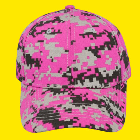 A pink cap with a brown and grey pixel camo pattern.
