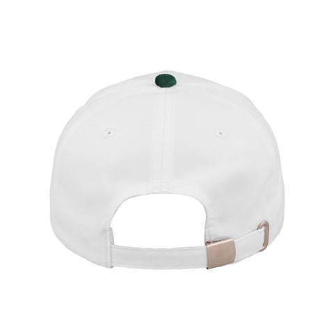 White cap with a green button on a white background