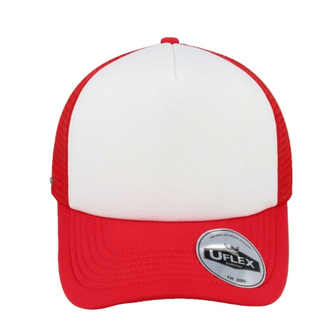 Red and white cap with a UFlex logo on a white background