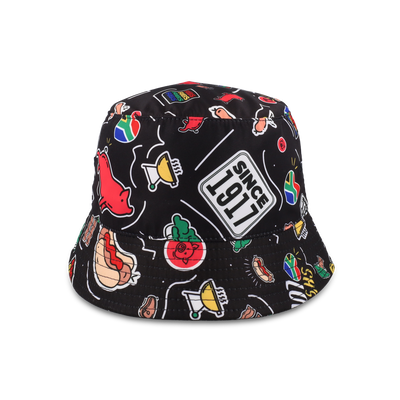 Black bucket hat with colorful graphics and 'Since 1917' text on a white background